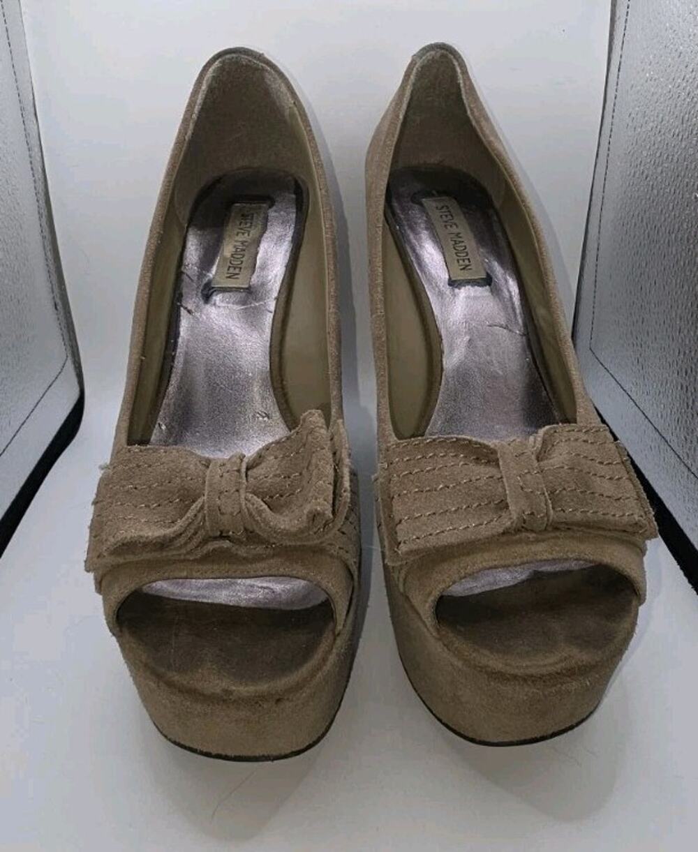 Steve Madden Tan Suede Bow Peep Toe Platform Wedge Pumps Heels Y2K